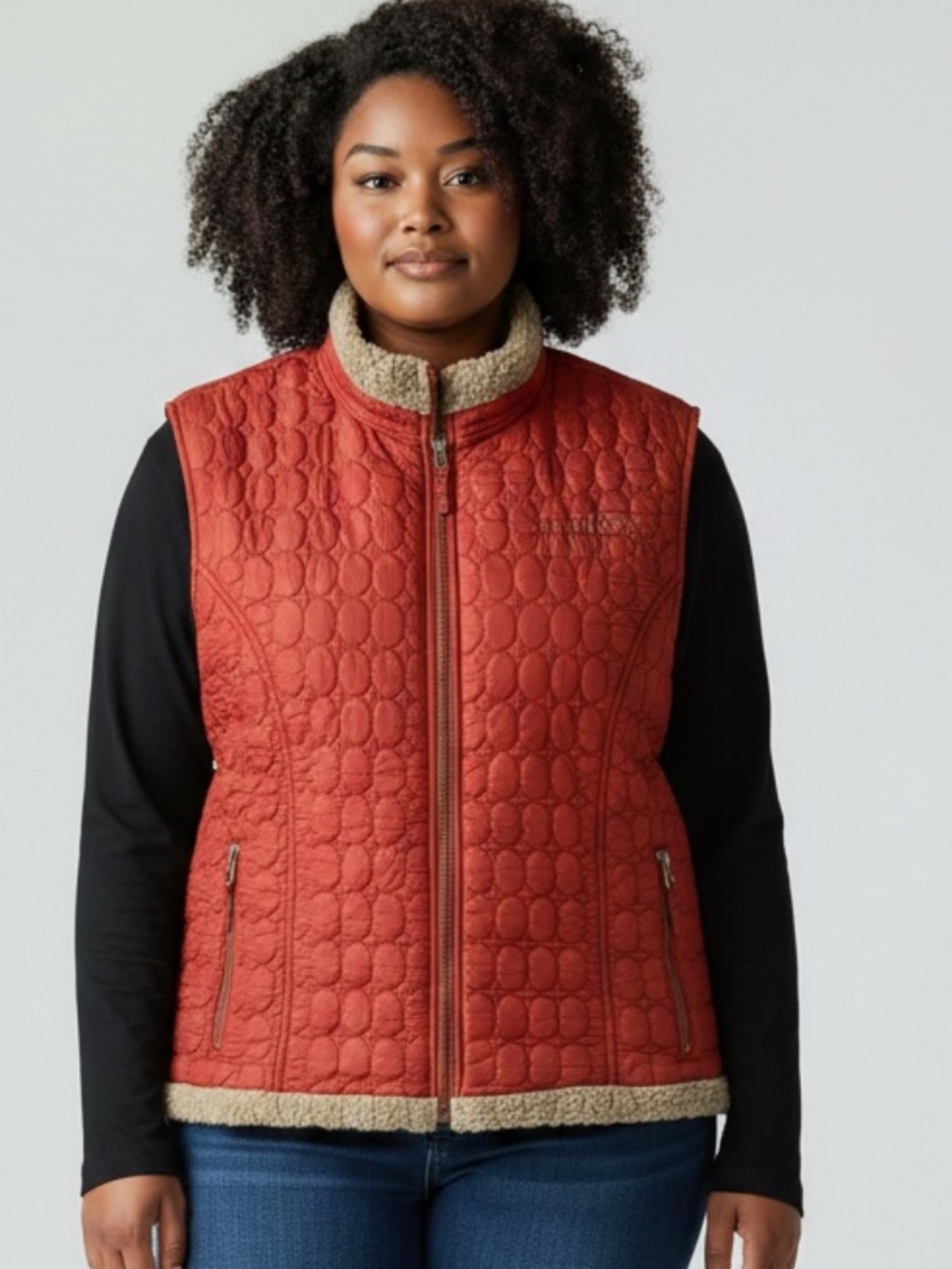Tsunami Vintage Insulated Quilted Rust Sherpa-Trim Vest w Pockets Easy Grab Zips